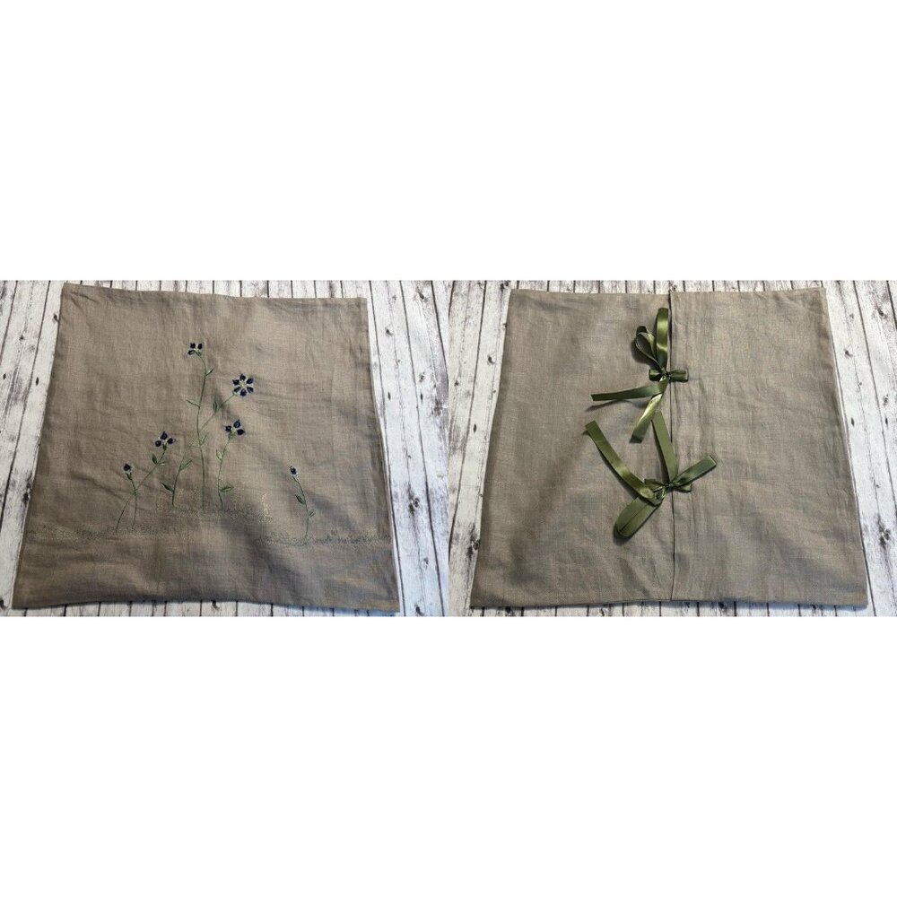 Pottery Barn Beige Embroidered Floral Linen‎ Ribbon Decorative 18x18" Pillow ONE